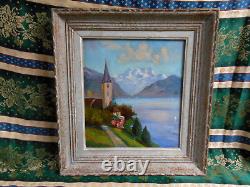 Tableau Ancien Peinture Huile Eglise Ecole de Barbizon Montagne Alpes Italienne