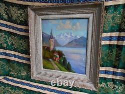 Tableau Ancien Peinture Huile Eglise Ecole de Barbizon Montagne Alpes Italienne