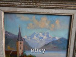 Tableau Ancien Peinture Huile Eglise Ecole de Barbizon Montagne Alpes Italienne