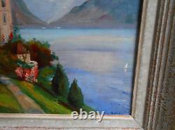 Tableau Ancien Peinture Huile Eglise Ecole de Barbizon Montagne Alpes Italienne