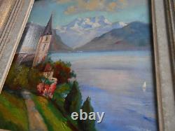 Tableau Ancien Peinture Huile Eglise Ecole de Barbizon Montagne Alpes Italienne