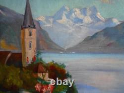 Tableau Ancien Peinture Huile Eglise Ecole de Barbizon Montagne Alpes Italienne