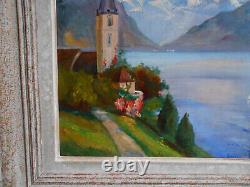 Tableau Ancien Peinture Huile Eglise Ecole de Barbizon Montagne Alpes Italienne