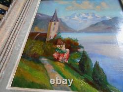 Tableau Ancien Peinture Huile Eglise Ecole de Barbizon Montagne Alpes Italienne