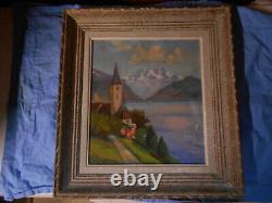 Tableau Ancien Peinture Huile Eglise Ecole de Barbizon Montagne Alpes Italienne