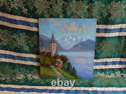 Tableau Ancien Peinture Huile Eglise Ecole de Barbizon Montagne Alpes Italienne