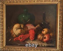 Tableau Ancien Peinture Huile HST Ecole Francaise Fruit Legume Cadre Dore XIX 19