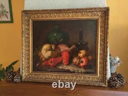 Tableau Ancien Peinture Huile HST Ecole Francaise Fruit Legume Cadre Dore XIX 19