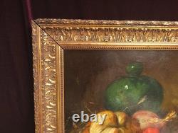Tableau Ancien Peinture Huile HST Ecole Francaise Fruit Legume Cadre Dore XIX 19