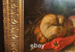 Tableau Ancien Peinture Huile HST Ecole Francaise Fruit Legume Cadre Dore XIX 19