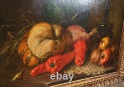 Tableau Ancien Peinture Huile HST Ecole Francaise Fruit Legume Cadre Dore XIX 19