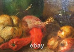 Tableau Ancien Peinture Huile HST Ecole Francaise Fruit Legume Cadre Dore XIX 19