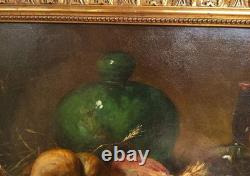 Tableau Ancien Peinture Huile HST Ecole Francaise Fruit Legume Cadre Dore XIX 19