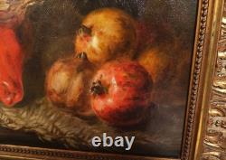 Tableau Ancien Peinture Huile HST Ecole Francaise Fruit Legume Cadre Dore XIX 19