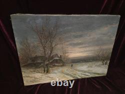 Tableau Ancien Peinture Huile HST Neige Montagne Ecole Flamande de Barbizon XIX