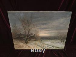 Tableau Ancien Peinture Huile HST Neige Montagne Ecole Flamande de Barbizon XIX