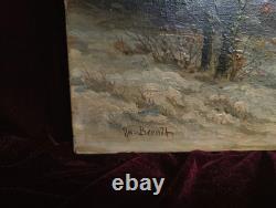 Tableau Ancien Peinture Huile HST Neige Montagne Ecole Flamande de Barbizon XIX