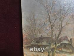 Tableau Ancien Peinture Huile HST Neige Montagne Ecole Flamande de Barbizon XIX