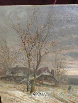 Tableau Ancien Peinture Huile HST Neige Montagne Ecole Flamande de Barbizon XIX
