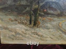 Tableau Ancien Peinture Huile HST Neige Montagne Ecole Flamande de Barbizon XIX
