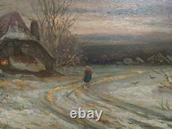 Tableau Ancien Peinture Huile HST Neige Montagne Ecole Flamande de Barbizon XIX