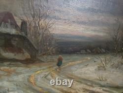 Tableau Ancien Peinture Huile HST Neige Montagne Ecole Flamande de Barbizon XIX