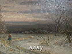 Tableau Ancien Peinture Huile HST Neige Montagne Ecole Flamande de Barbizon XIX