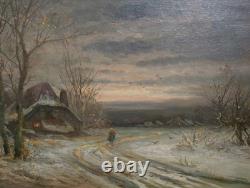 Tableau Ancien Peinture Huile HST Neige Montagne Ecole Flamande de Barbizon XIX