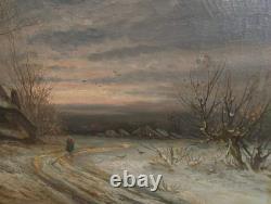 Tableau Ancien Peinture Huile HST Neige Montagne Ecole Flamande de Barbizon XIX