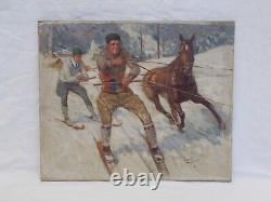 Tableau Ancien Peinture Huile Sur Toile Signe Leon Fauret Ski Sport Hiver Alpes