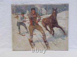 Tableau Ancien Peinture Huile Sur Toile Signe Leon Fauret Ski Sport Hiver Alpes