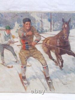 Tableau Ancien Peinture Huile Sur Toile Signe Leon Fauret Ski Sport Hiver Alpes