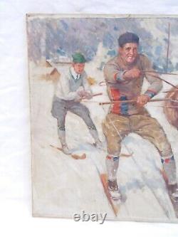 Tableau Ancien Peinture Huile Sur Toile Signe Leon Fauret Ski Sport Hiver Alpes