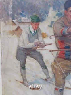 Tableau Ancien Peinture Huile Sur Toile Signe Leon Fauret Ski Sport Hiver Alpes