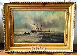 Tableau Ancien Peinture Huile sur toile Marine Bord de Mer Bateau