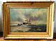 Tableau Ancien Peinture Huile Sur Toile Marine Bord De Mer Bateau
