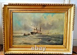 Tableau Ancien Peinture Huile sur toile Marine Bord de Mer Bateau