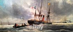 Tableau Ancien Peinture Huile sur toile Marine Bord de Mer Bateau