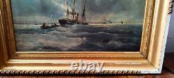 Tableau Ancien Peinture Huile sur toile Marine Bord de Mer Bateau
