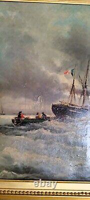 Tableau Ancien Peinture Huile sur toile Marine Bord de Mer Bateau