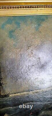 Tableau Ancien Peinture Huile sur toile Marine Bord de Mer Bateau