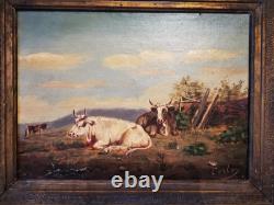 Tableau Ancien, Peinture Vaches, Huile Sur Toile XIX Ème Siècle Signé CARLOS