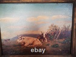 Tableau Ancien, Peinture Vaches, Huile Sur Toile XIX Ème Siècle Signé CARLOS