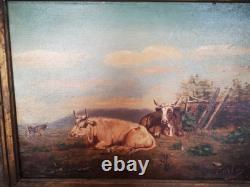 Tableau Ancien, Peinture Vaches, Huile Sur Toile XIX Ème Siècle Signé CARLOS