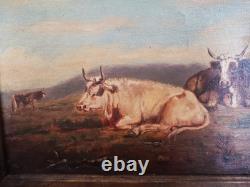 Tableau Ancien, Peinture Vaches, Huile Sur Toile XIX Ème Siècle Signé CARLOS