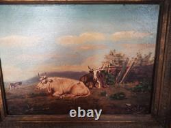 Tableau Ancien, Peinture Vaches, Huile Sur Toile XIX Ème Siècle Signé CARLOS