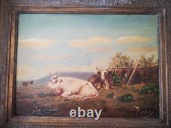 Tableau Ancien, Peinture Vaches, Huile Sur Toile XIX Ème Siècle Signé CARLOS