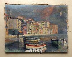 Tableau Ancien, Port Méditerranéen, Huile Sur Toile à Restaurer, Début XXe