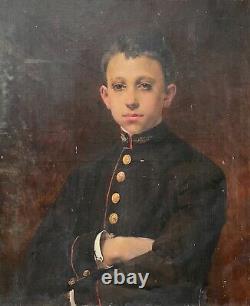 Tableau Ancien, Portrait De Jeune Homme En Uniforme, Huile Sur Toile XIXe