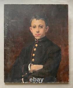 Tableau Ancien, Portrait De Jeune Homme En Uniforme, Huile Sur Toile XIXe